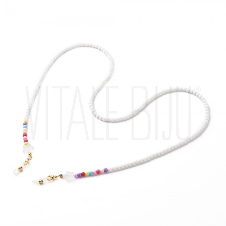 Cordão para óculos/máscara +/- 80 cm - Contas Acrílicas e Acabamentos em Aço Inox Dourado Cordão para óculos/máscara +/- 80 cm - Contas Acrílicas e Acabamentos em Aço Inox Dourado