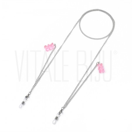 Cordão para óculos/máscara 72cm - Corrente 2.5mm prateada com pendente urso de resina - Aço Inox - ROSA