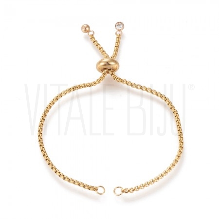 Pulseira Ajustável Semi pronta 2mm - Aço Inox Dourado c/ Zircónia