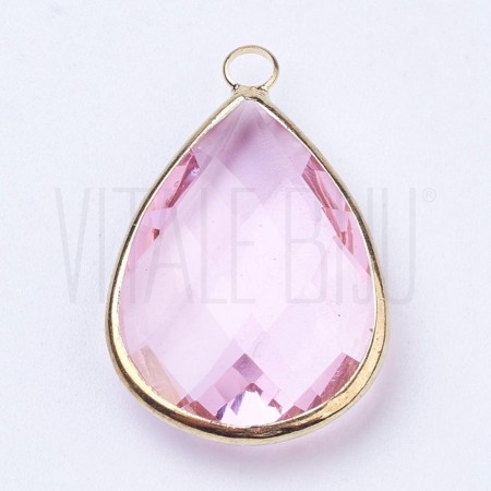 Pendente Gota 18x11mm Borda Dourada - Rosa Bebê