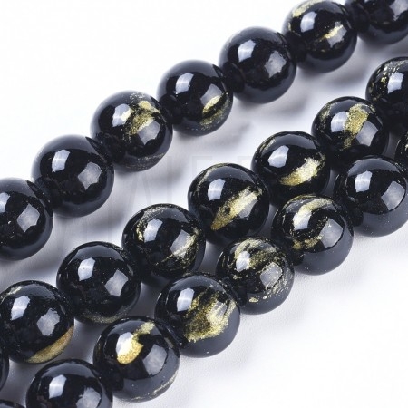 Fiada Contas +/-8mm -  Jade Mashan com Detalhes Dourados - PRETO