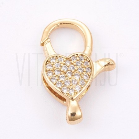 Fecho Mosquetão / Pendente Cadeado Coração 20x12mm - Latão banhado a ouro com Zircónias Fecho Mosquetão / Pendente Cadeado Coração 20x12mm - Latão banhado a ouro com Zircónias