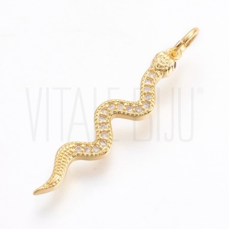 Pendente Serpente 29x6mm - Latão Banhado a Ouro com Zircónias  