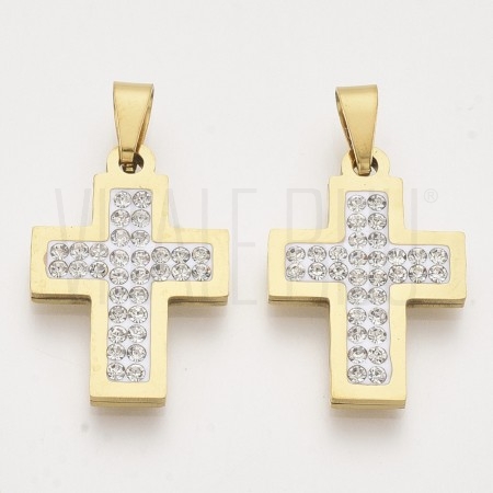 Pendente Cruz 25x17mm - Aço Inox Dourado com Zircónias