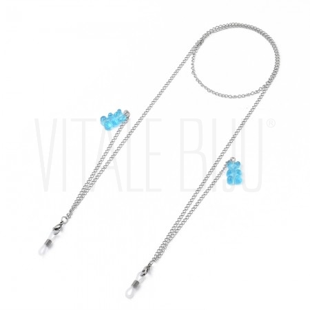 Cordão para óculos/máscara 72cm - Corrente 2.5mm prateada com pendente urso de resina - Aço Inox - AZUL 