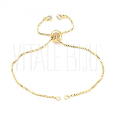 Pulseira Ajustável Semi Pronta 1mm Malha Box - Latão Banhado a Ouro com Zircónias Pulseira Ajustável Semi Pronta 1mm Malha Box - Latão Banhado a Ouro com Zircónias