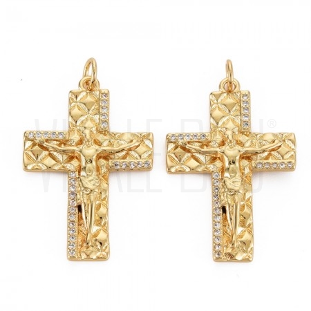 Pendente Cruz 30x20mm - Latão Banhado a Ouro 16K com Zircónias