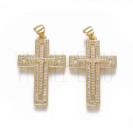 Pendente Cruz 30.5x19.5mm - Latão banhado á ouro 18K com zircónias