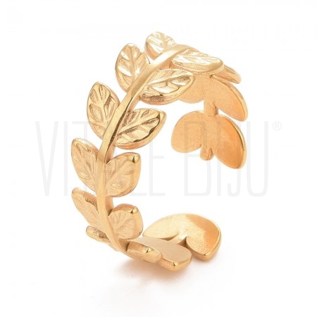 Anel Ajustável Folhas - Aço Inox Dourado