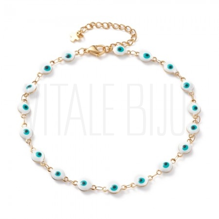 Pulseira de Pé Olho Grego 24,5cm em Aço Inoxidável 304 Dourado Pulseira de Pé Olho Grego 24,5cm em Aço Inoxidável 304 Dourado