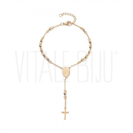 Pulseira Rosário com Cruz e Virgem Maria em Aço Inoxidável Dourado Pulseira Rosário com Cruz e Virgem Maria em Aço Inoxidável Dourado