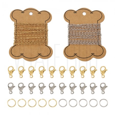 Kit DIY Corrente em Aço Inoxidável 304 Dourado e Prateado - 4m + Fechos e Argolas Kit DIY Corrente em Aço Inoxidável 304 Dourado e Prateado - 4m + Fechos e Argolas