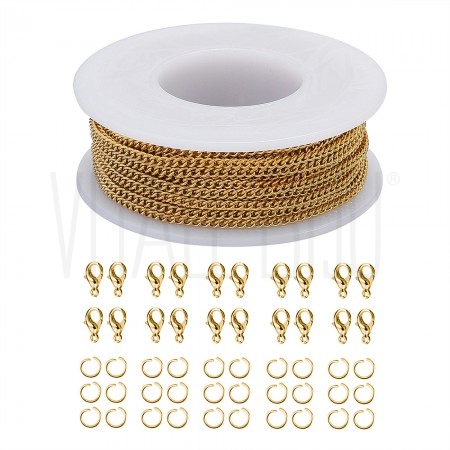 Kit DIY Corrente Grumet em Aço Inoxidável 304 Dourado - 10m + Fechos e Argolas Kit DIY Corrente Grumet em Aço Inoxidável 304 Dourado - 10m + Fechos e Argolas