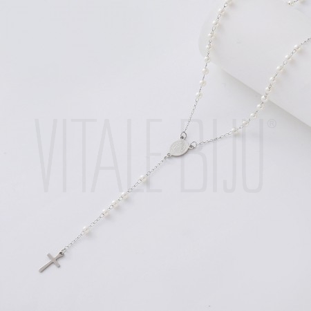Colar Terço com Pérolas Acrílicas Nossa Senhora e Cruz 59cm em Aço Inoxidável 304 Prateado