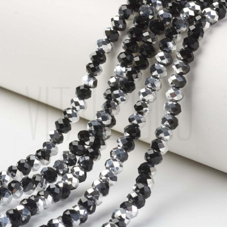 Fiada de Contas de Cristal Preto e Prata Rondelle Facetada 3x2mm