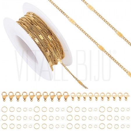 Kit DIY Corrente Fígaro em Aço Inoxidável 304 Dourado – 10m + Fechos e Argolas Kit DIY Corrente Fígaro em Aço Inoxidável 304 Dourado – 10m + Fechos e Argolas