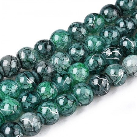 Fiada Contas de Vidro Craquelado Verde Rondelle 8x7mm - Detalhes Prateados
