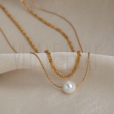 Colar Duplo em Aço Inoxidável 304 Dourado 18K com Pérola Branca 39cm