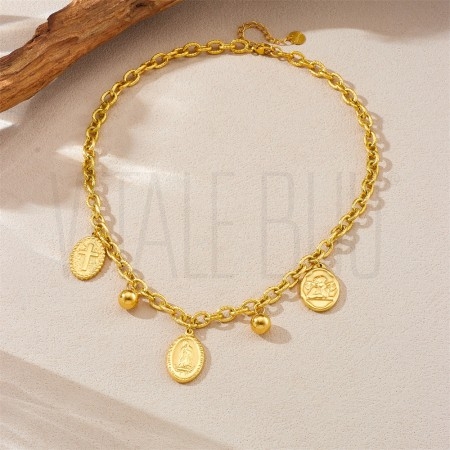 Fio Elo Oval 6mm c/ Pendentes Religiosos (Nossa Senhora - São Bento) - Aço Inoxidável 304 Dourado