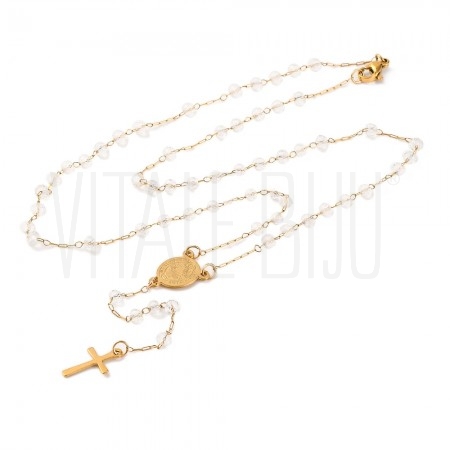 Colar/Terço Rosário com Crucifixo e Cristais 48,5cm em Aço Inoxidável 304 Colar/Terço Rosário com Crucifixo e Cristais 48,5cm em Aço Inoxidável 304