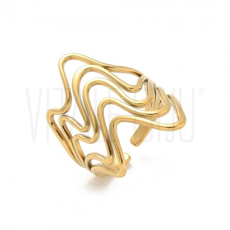 Anel Ajustável Ondulado 27mm em Aço Inoxidável 304 Ouro 18K Anel Ajustável Ondulado 27mm em Aço Inoxidável 304 Ouro 18K