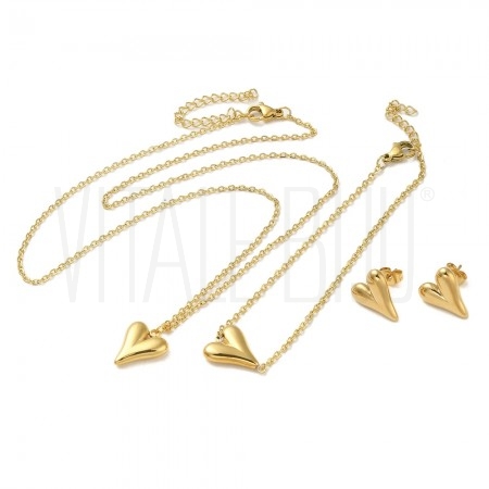 Conjunto Coração Colar, Pulseira e Brincos em Aço Inoxidável 304 Dourado