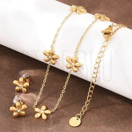 Conjunto Flor com Zircónias em Aço Inoxidável 304 Ouro 18K