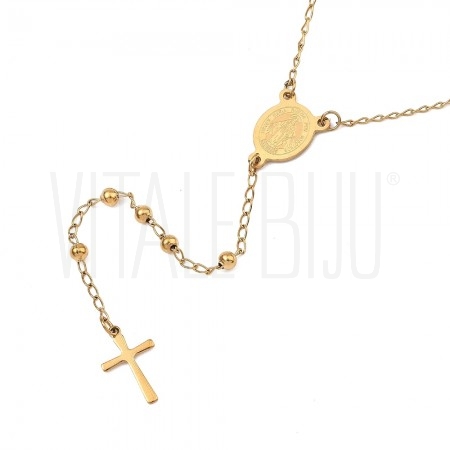 Colar Terço Nossa Senhora com Cruz 60cm em Aço Inoxidável 304 Dourado