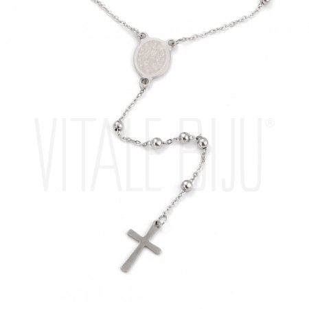 Colar Terço Nossa Senhora com Cruz 60cm em Aço Inoxidável 304 Prateado