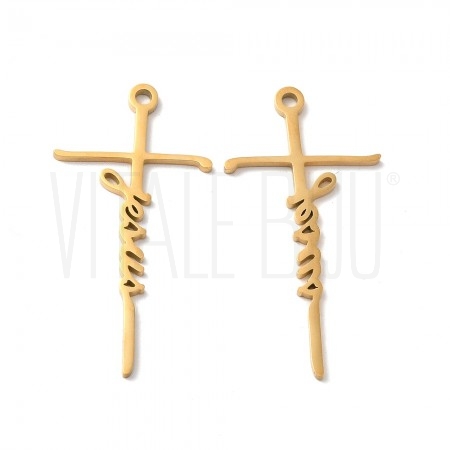 Pendente Cruz com Palavra Jesus em Aço Inoxidável 304 Banho Ouro 18K 39,5x20x1,5mm