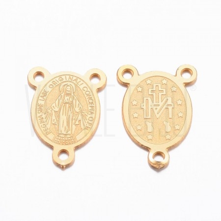 Centro de Terço Medalha Milagrosa Gravação a Laser em Aço Inoxidável 304 Dourado Oval 3 Argolas 14,5x10x0,8mm
