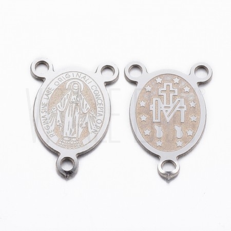 Centro de Terço Medalha Milagrosa Gravação a Laser em Aço Inoxidável 304 Prateado Oval 3 Argolas 14,5x10x0,8mm
