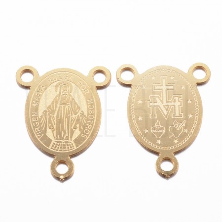 Centro de Terço Medalha Milagrosa Gravação a Laser em Aço Inoxidável 304 Dourado Oval 3 Argolas 20x15x0,8mm