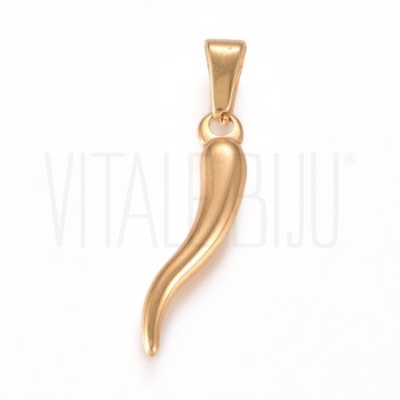 Pendente Pimenta/Corno Italiano 26x6mm em Aço Inoxidável 304 Ouro 18K