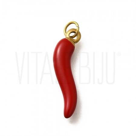 Pendente Corno/Pimenta Vermelha 20,5x6mm em Aço Inoxidável 304 Ouro 18K Pendente Corno/Pimenta Vermelha 20,5x6mm em Aço Inoxidável 304 Ouro 18K