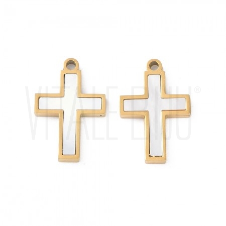 Pendente Cruz 16,9x11,5mm em Madrepérola Natural e Aço Inoxidável 304 Ouro 18K