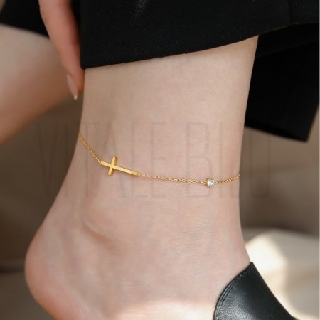 Pulseira de Tornozelo com Cruzes 21cm em Aço Inoxidável Banho Ouro 18K Pulseira de Tornozelo com Cruzes 21cm em Aço Inoxidável Banho Ouro 18K
