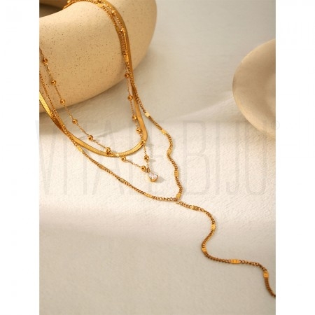 Colar 3 Voltas com Gota de Zircónia e Pendente Longo 40cm em Aço Inoxidável 304 Banho Ouro 18K