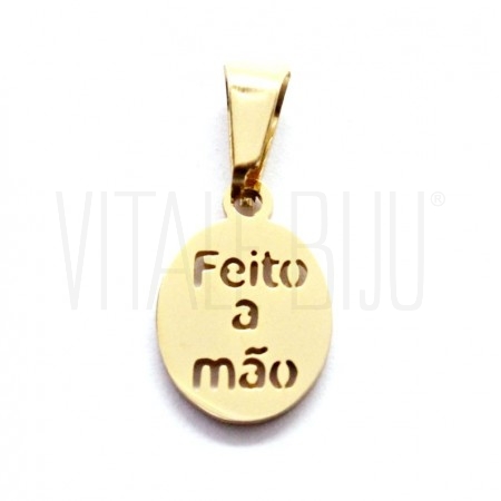 Pendente/Etiqueta "Feito a Mão" 12x8mm - Aço Inox Dourado