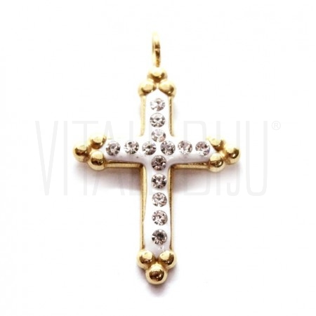 Pendente Cruz 28x18mm - Aço Inox Dourado com Zircónias