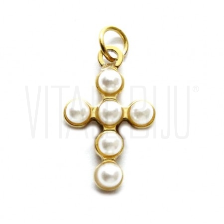 Pendente Cruz 15.5x10mm - Aço Inox Dourado com Pérolas 