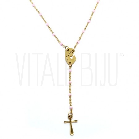 Fio c/ Bolinhas e Pendentes Nossa Senhora e Cruz  - Aço Inox Dourado - ROSA