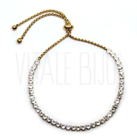 Pulseira Ajustável Riviera - Strass - Aço Inox Dourado