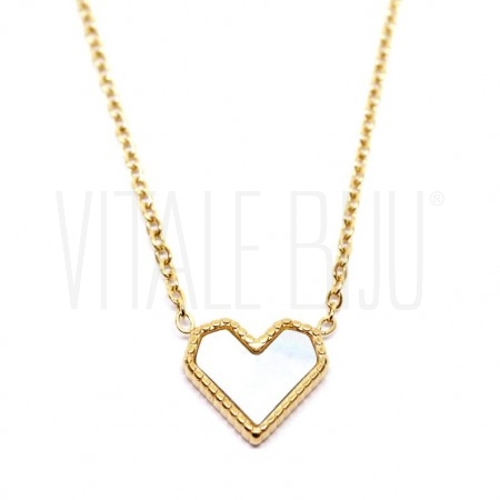Fio Elo Oval Achatado 1.5mm com Pendente Coração Madrepérola - Aço Inox Dourado