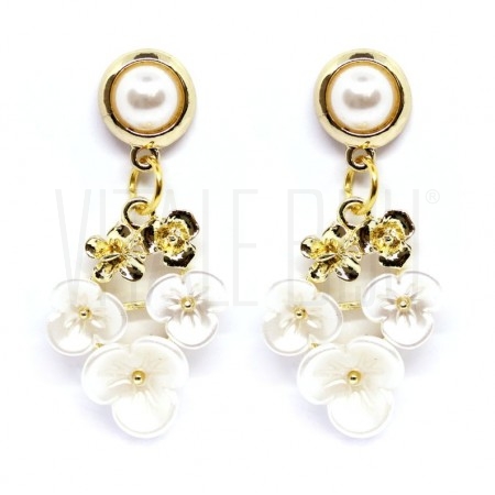 Brinco c/ Pérola e Flores Acrílicas 47x21mm - Latão com Banho Dourado