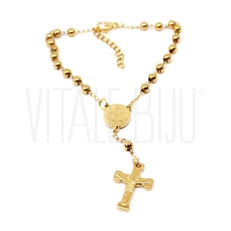 Pulseira Bolinhas com Pendente Crucifixo e Medalha Milagrosa - Aço Inox Dourado