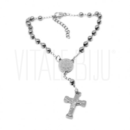 Pulseira Bolinhas com Pendente Crucifixo e Medalha Milagrosa - Aço Inox