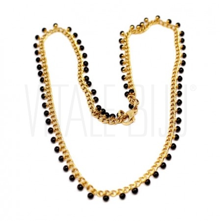 Choker Elo Oval Torcido Achatado 2.5mm - Aço Inox Dourado c/ Bolinhas Pretas