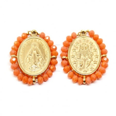Pendente Nossa Senhora 23x21mm c/ Cristais Laranja - Aço Inox Dourado