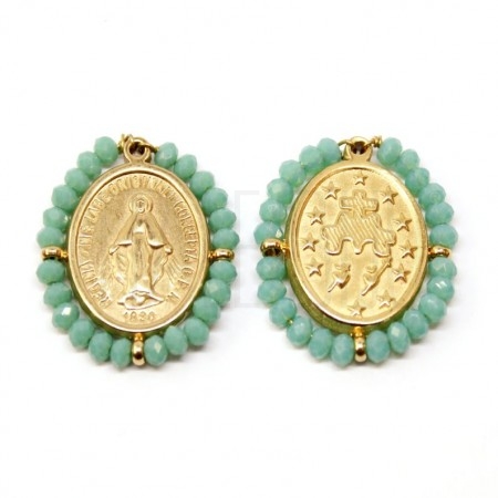 Pendente Nossa Senhora 23x21mm c/ Cristais Verde - Aço Inox Dourado